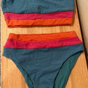 Beach Riot Teal Bikini with Pink and Orange Bands